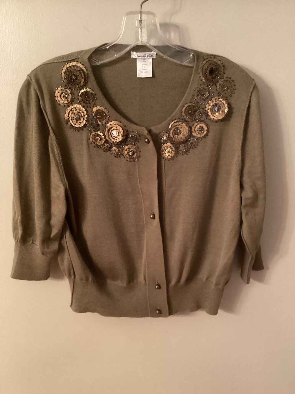 OSCAR DE LA RENTA OLIVE BROWN GREEN EMBELLISHED SILK CASHMERE CROPPED CARDIGAN